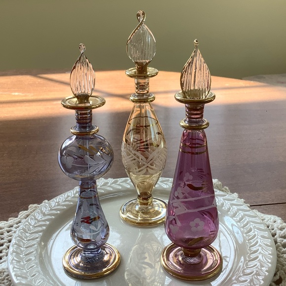 Royal Limited Other - Vintage Egyptian Etched Glass Perfume Bottle Trio